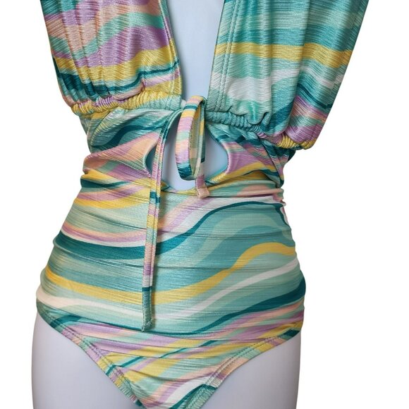 Blu C Plunge Halter One-Piece 2X | Poly/Spandex | Pastel Wave | NWOT - Picture 3 of 5